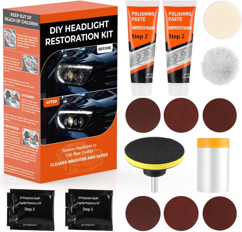 ISINFLASH Headlight Restoration Kit, Polish Restore Cleaner Clean Tool DIY Polishing, Sanding Discs, Scouring Pads for Electric Drill, 3 Easy Steps to Restore Sun Damaged Car Headlights Lens - Image 1